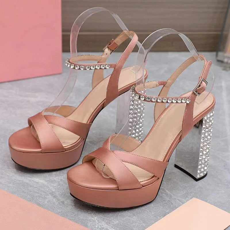 Summer Super High Heels Sandals Woman Rhinestone Studded Chunky Heels Party Shoes Woman Crystal Platform Sandals For Women