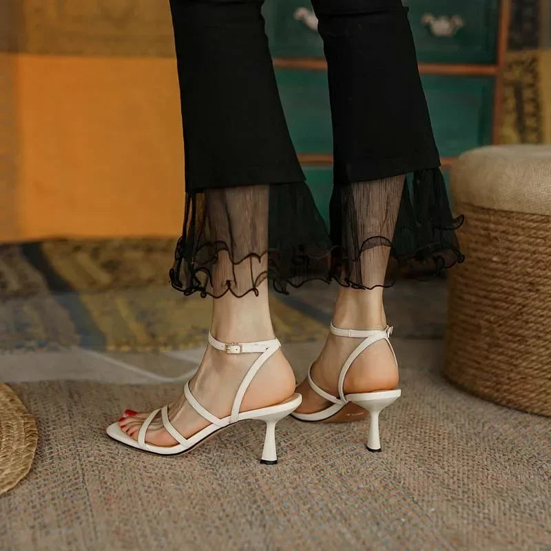 2025 New Trend Ankle Strap Sandals Summer Women Sexy Party Ladies Open Toe High Heels Woman Beige Apricot One Word Buckle Sandal