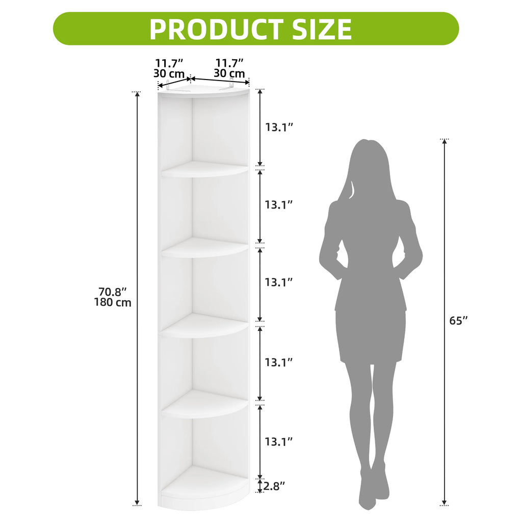 YITAHOME White 5-Tier Corner Bookcase - 30x30x180cm Wooden Shelf, Open Storage for Living Room & Office - Freestanding (White)