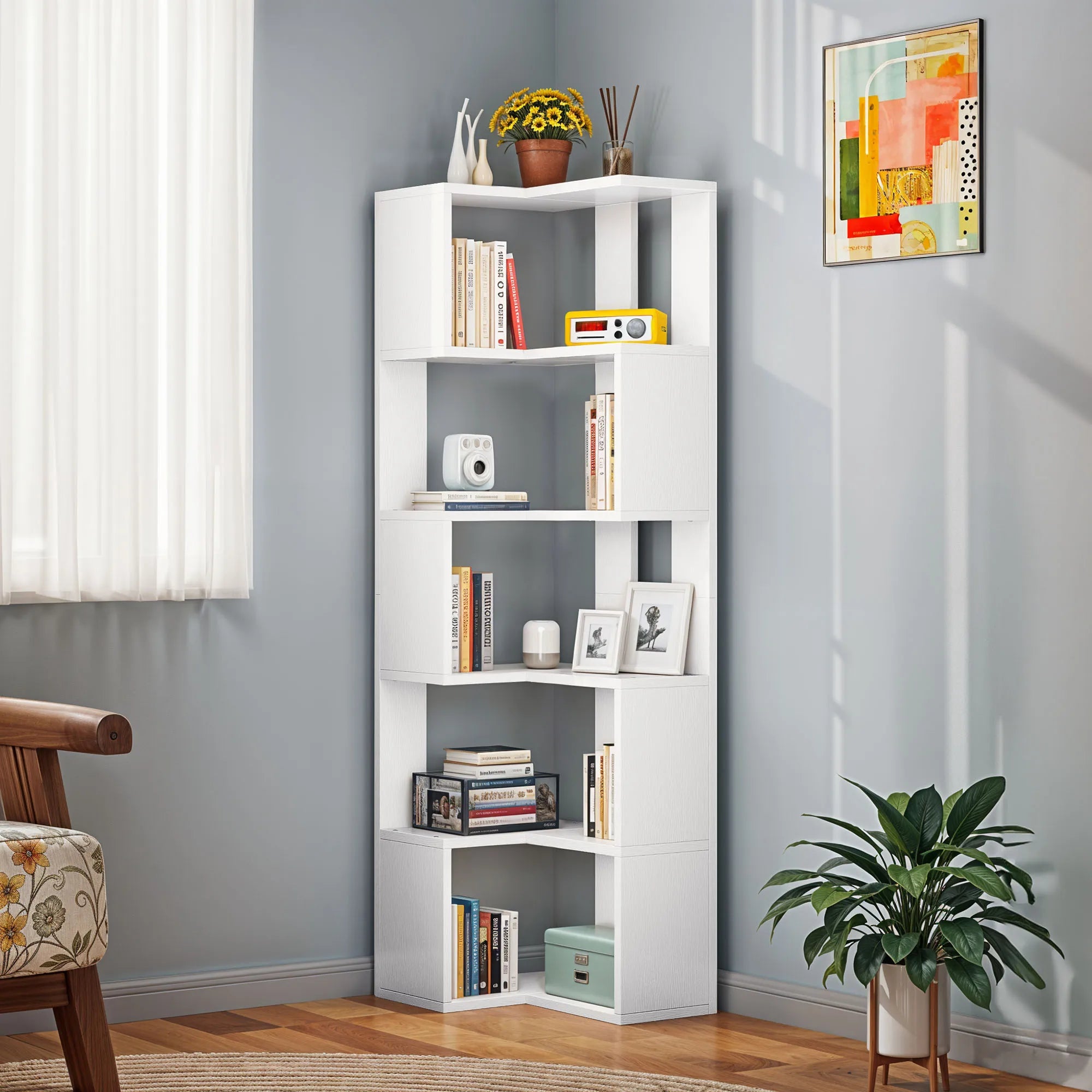 YITAHOME Wooden 5-Tier Corner Bookcase - Floor Standing Display Shelf 54x40x159.5cm for Living Room/Office