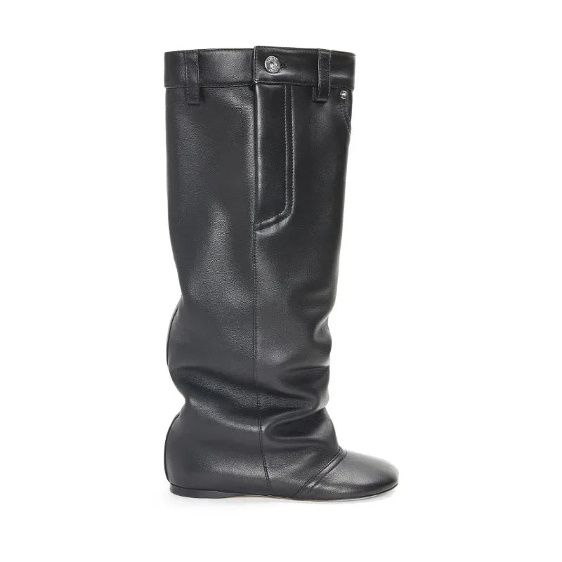 Black Belt Design Pleated Lazy Knee High Boots 2023 New Women's European and American Style High Heels Fashion Boots Size 34-43