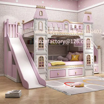 Customizable Full Solid Wood Upper and Lower Bed Bunk Bed High and Low Bed Two-story Princess Dream Castle Slide Villa