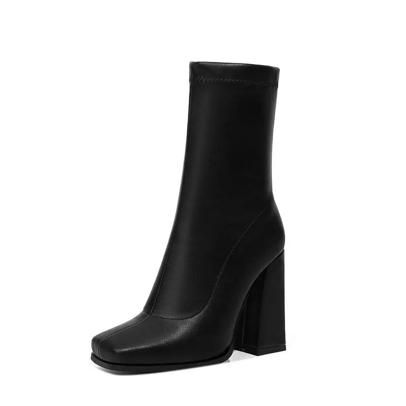 Plus Size 44 11 Solid White Black Zip Up Square Slash Toe Womens Winter Shoes Block Straight High Heels Mid-calf Stretch Boots