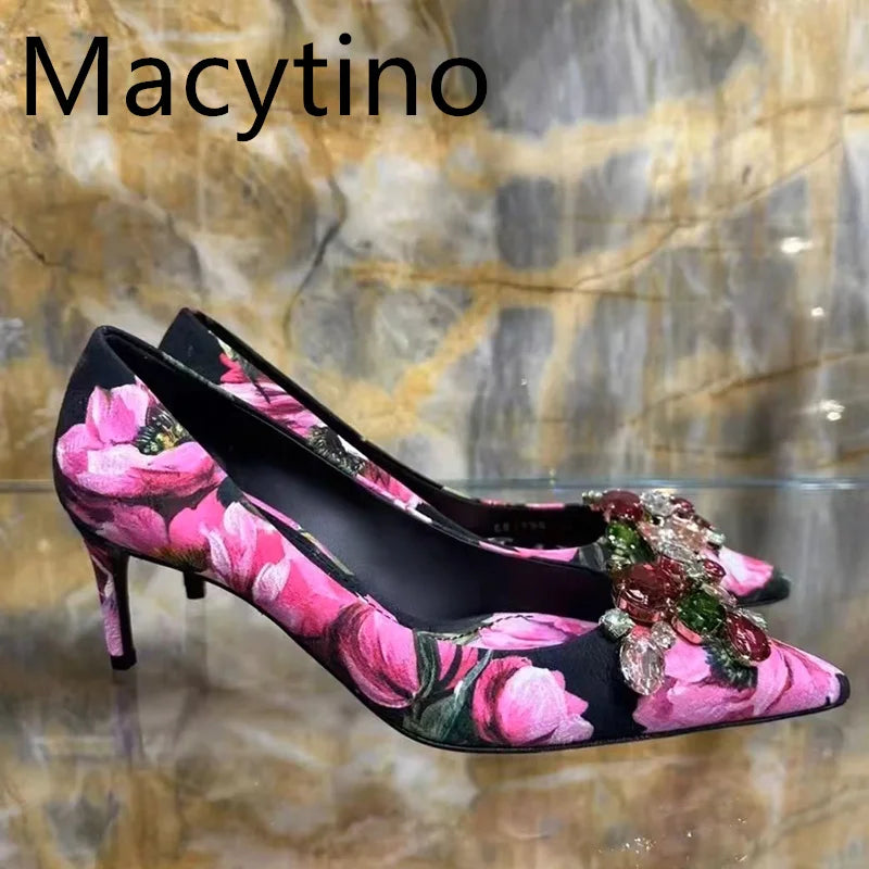 Ladies Spring Autumn Print Design High Heels Stilettos Pointed Toe Slingback Wedding Party Shoes Fashionable