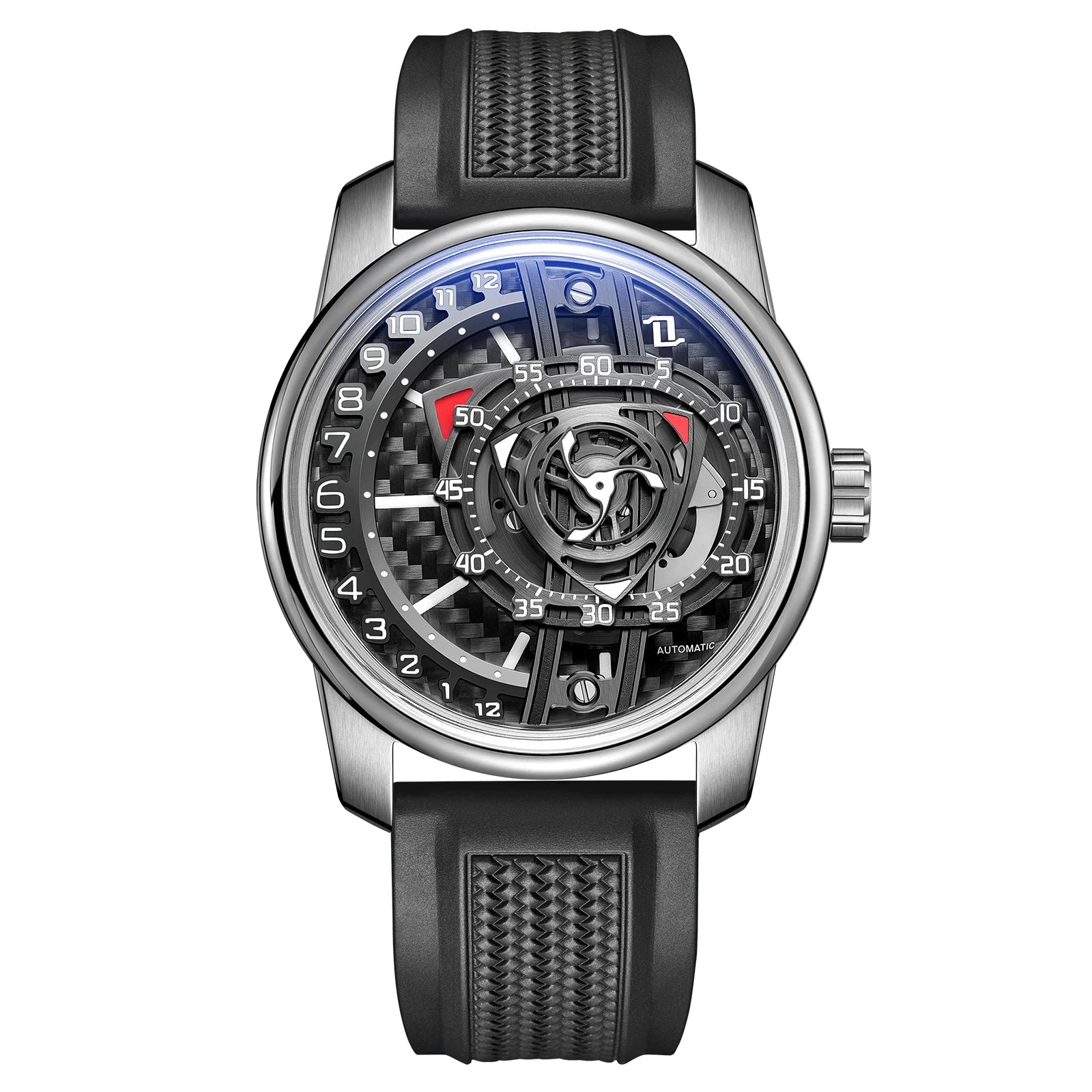 OBLVLO Fashion Men's Automatic Watch Forged Carbon Rotor Analog Display Luminous Hands Waterproof Leather Band Mechanical Watch.