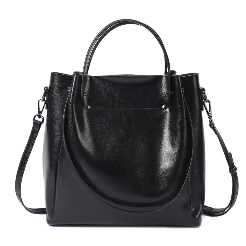 100% Genuine Leather Women Tote Bag Large Capacity High Quality Cowhide Women's Shoulder Bags Wrinkled Opening Fashion Handbag