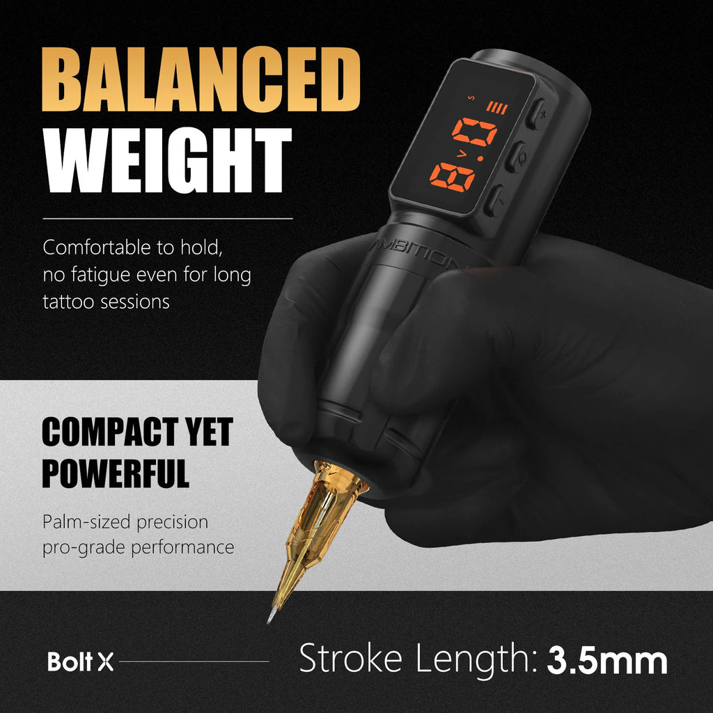 Ambition Bolt-X 1600mAh Coreless Motor Tattoo Machine Pen Wireless Power Supply Permanent Makeup Direct Drive Tattoo Gun For Art