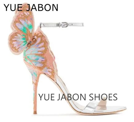 Black butterfly sandals leather metallic embroidered angel wings dress woman high heels open toe buckle strap lady thin pumps