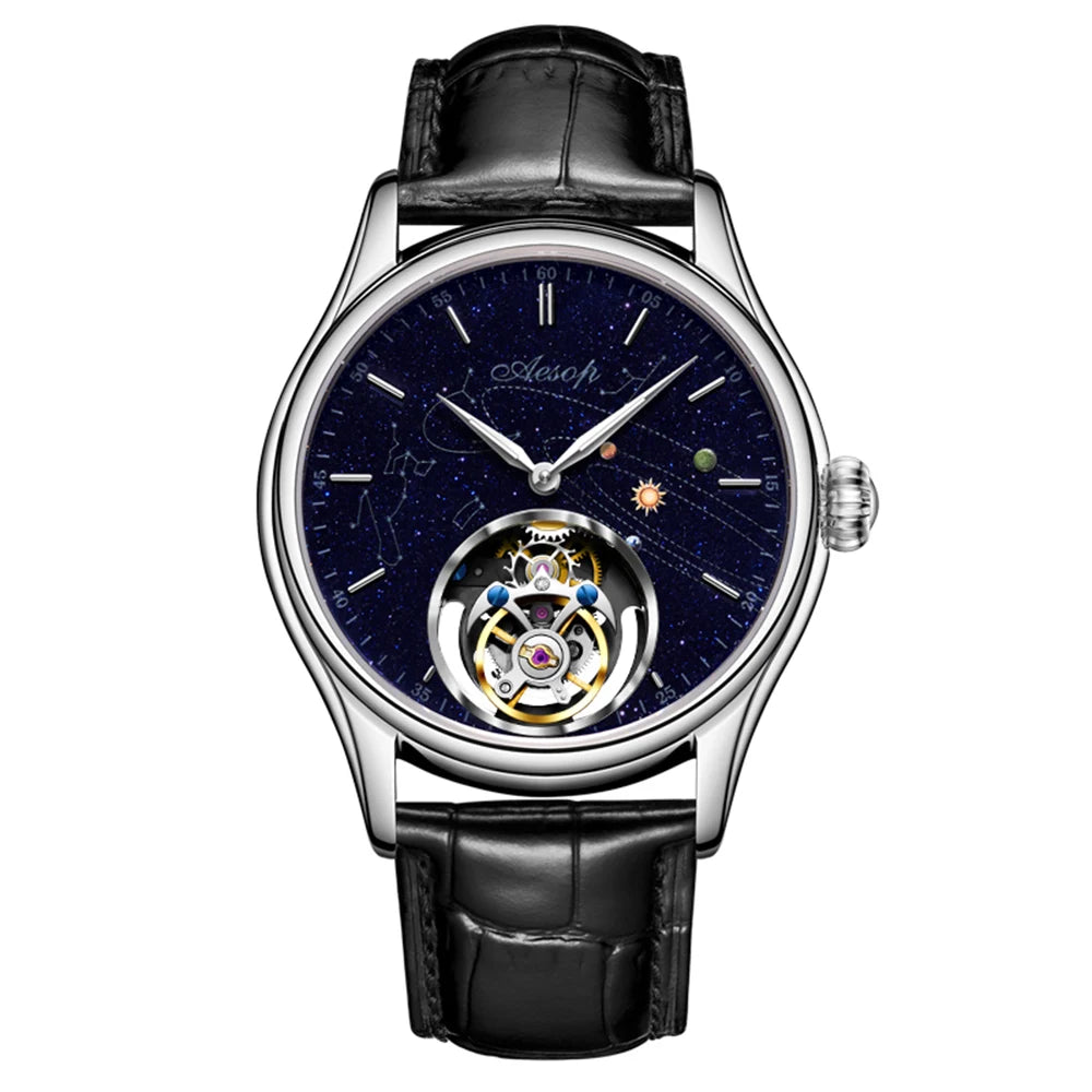 AESOP Mens Luxury Real Flying Tourbillon Mechanical Sapphire Waterproof Watch Skeleton Watches for Men Wristwatches Male 2025 A