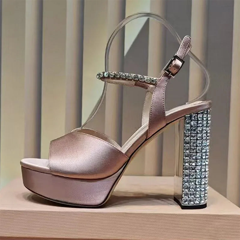 Summer Super High Heels Sandals Woman Rhinestone Studded Chunky Heels Party Shoes Woman Crystal Platform Sandals For Women