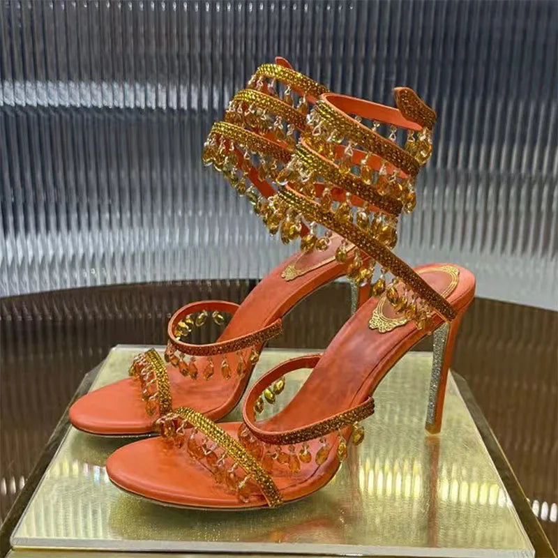 Sexy High Heels Gladiator Sandals Women Crystal String Bead Snake Twine Around Ankle Strap Wedding Shoes Summer Sandals Woman