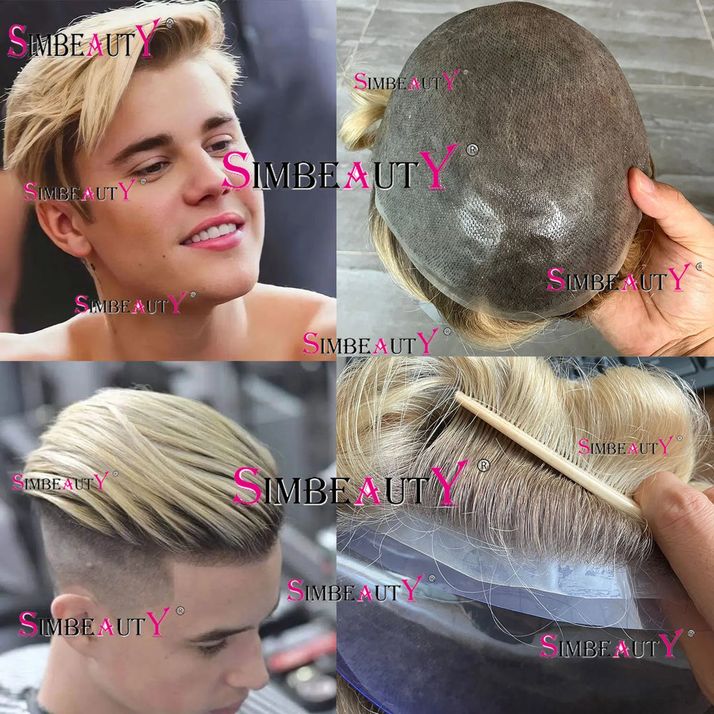 Brown Roots #613 Ombre Platinum Blonde Male Wig Europe Human Hair Toupee for Men Full PU 0.06mm Thin Skin VLoop Prosthesi System