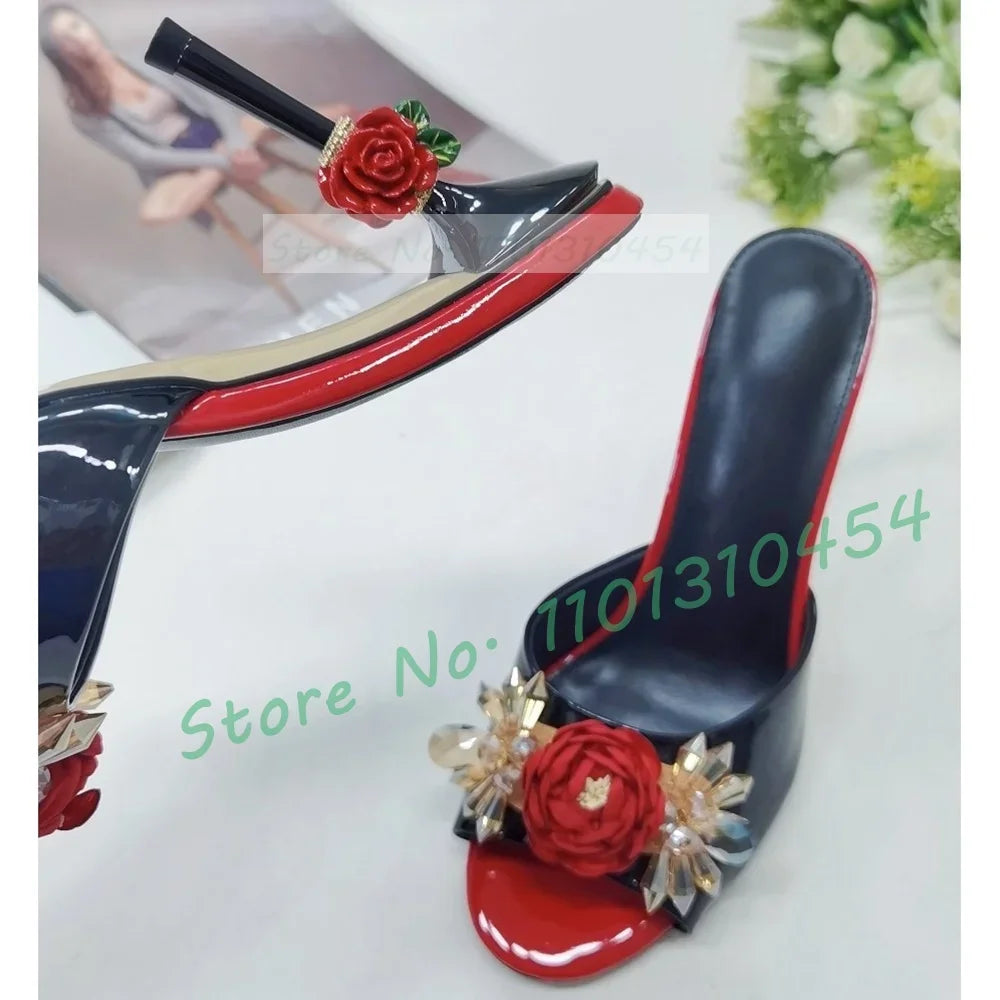 Retro Flower High Heels slippers Women Luxury Crystal Patent Leather Shoes Summer Ladies Gorgeous Open Toe Appliques Slippers