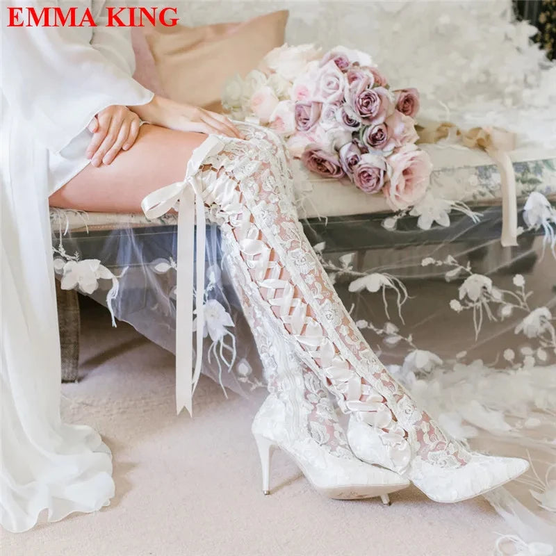 Fashion Black Lace Over The Knee Boots Lace Up Gothic Thigh High Boots High Heels Long Bridal Boots Pointed White Wedding Boots