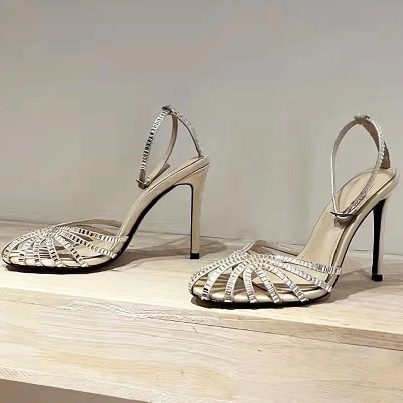 Rhinestone Sandals Woman High Heels Hollow Outs Summer Sandalias Woman Ankle Strap Crystal Shoes Women Stiletto Sandals Woman
