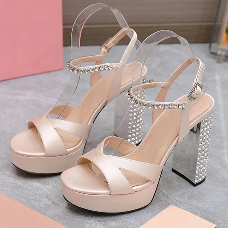 Summer Super High Heels Sandals Woman Rhinestone Studded Chunky Heels Party Shoes Woman Crystal Platform Sandals For Women