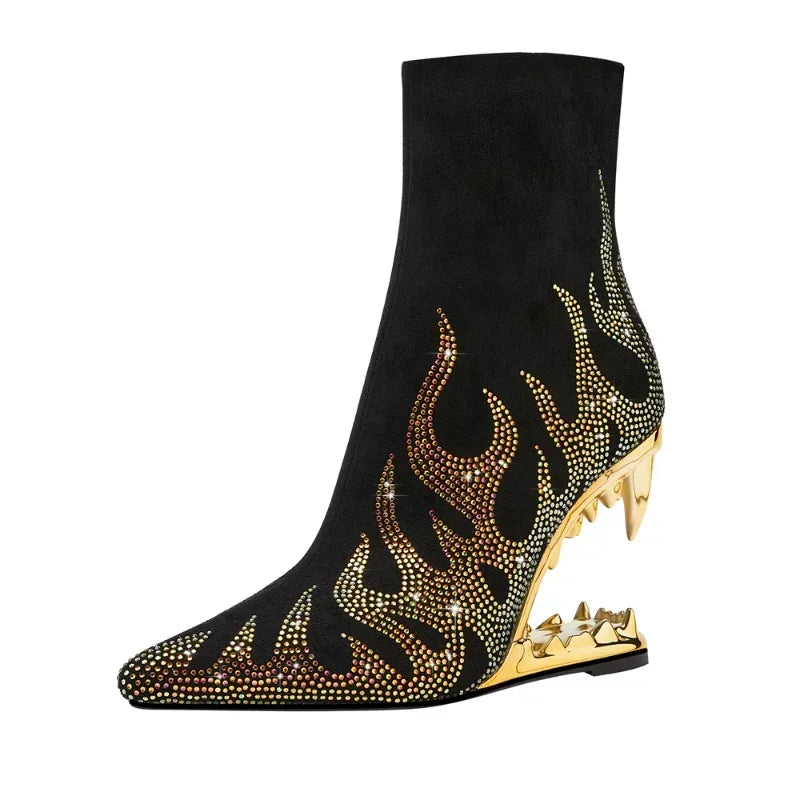 High Quality European and American Designer Runway Shoes 2023 Sexy Shaped High Heels, Fashionable Flame Rhinestone Short Boots
