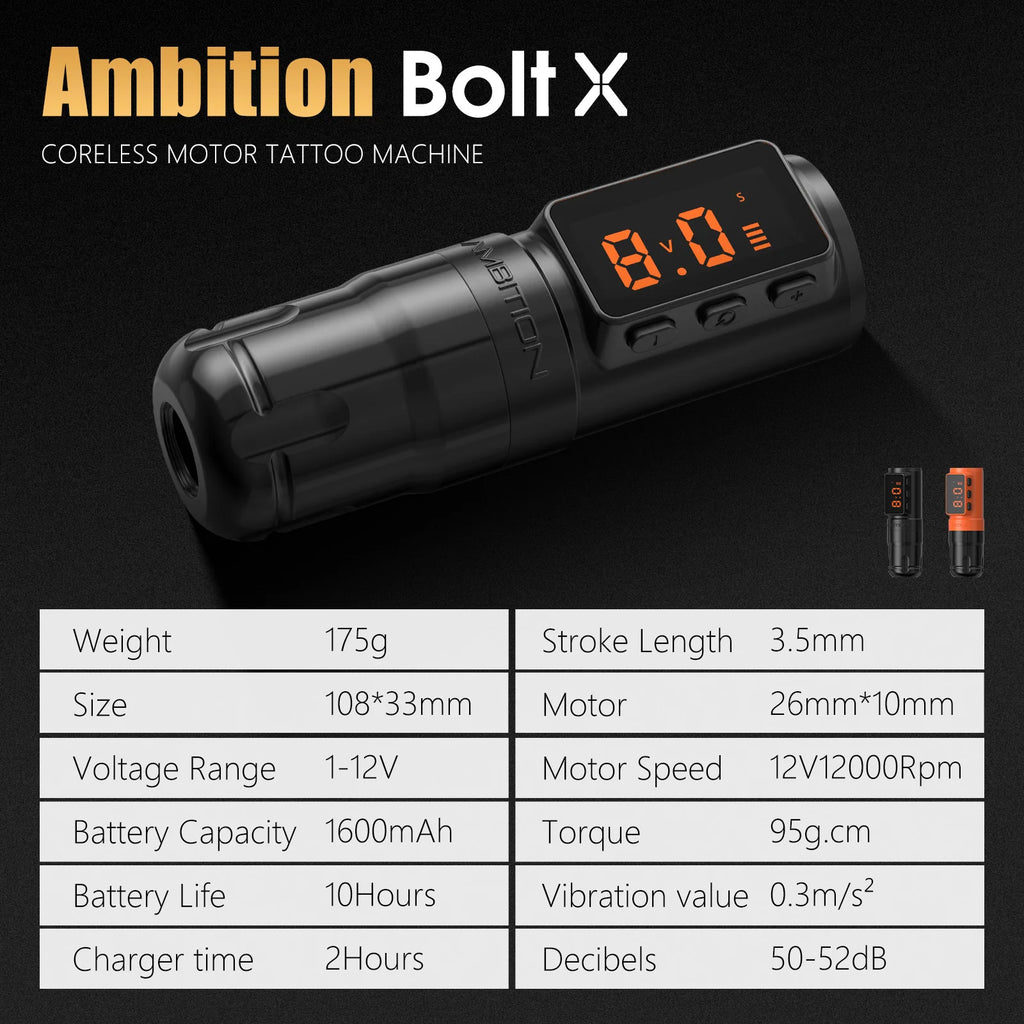 Ambition Bolt-X 1600mAh Coreless Motor Tattoo Machine Pen Wireless Power Supply Permanent Makeup Direct Drive Tattoo Gun For Art
