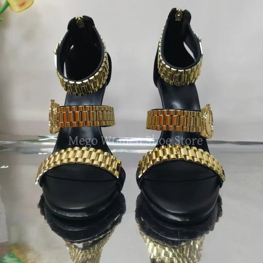 2025 New Metal Watch Strap Decorative Sandals Golden Open Toed Stiletto High Heels Women's Shoes Fashion Sandals Large Size 43