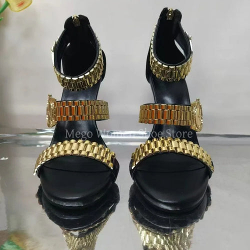 2025 New Metal Watch Strap Decorative Sandals Golden Open Toed Stiletto High Heels Women's Shoes Fashion Sandals Large Size 43