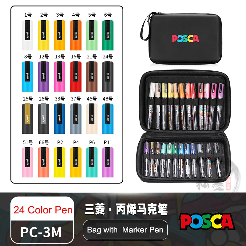 POSCA Acrylic Markers Organized in Bags, 0.7-2.5mm School Coloring Pens, Handy Original Japanese Professional Art Paint Supplies