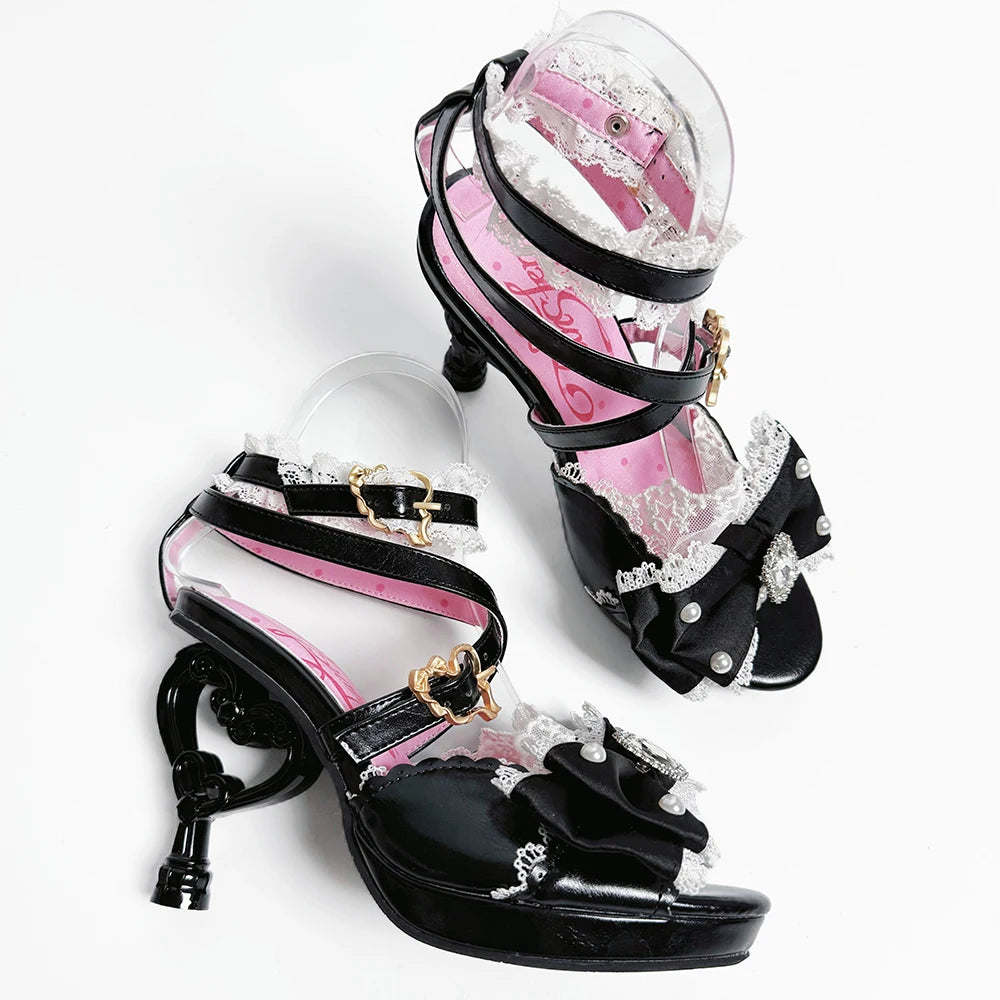 Original Lo Fish Mouth Sandals New Summer Girls Women's Rhinestone Satin Bow High Heel Sandals Sweet Lace Bow Lolita High Heels