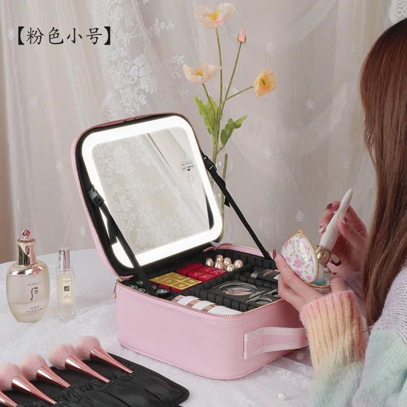 New LED Lighted Cosmetic Case with Mirror PU Leather Portable Travel Makeup Storage Bags