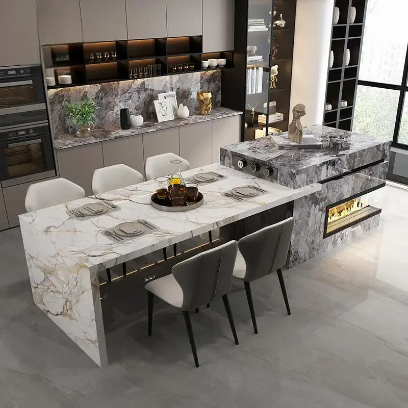 Any Size Custom Marble Kitchen Island with Wine Cooler Storage Built-in Refrigerator Cabinet Natural Stone Countertop Kitchen Fu