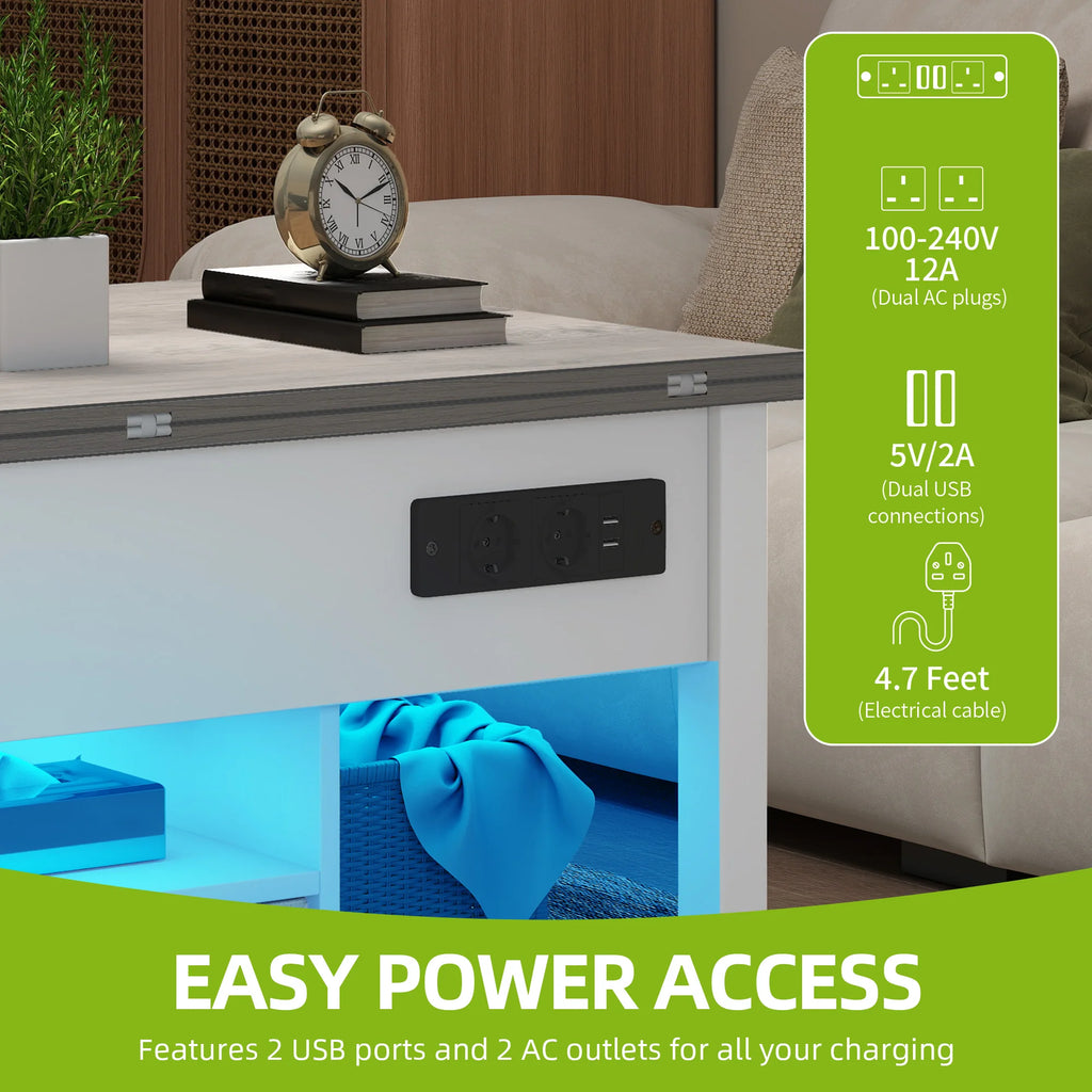 YITAHOME White & Grey 4-in-1 Coffee Table - Adjustable Height, Converts to Dining Table with Storage & LED Lighting