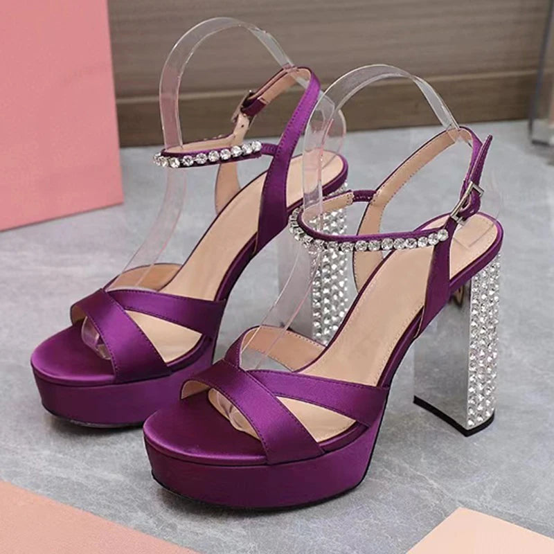 Summer Super High Heels Sandals Woman Rhinestone Studded Chunky Heels Party Shoes Woman Crystal Platform Sandals For Women