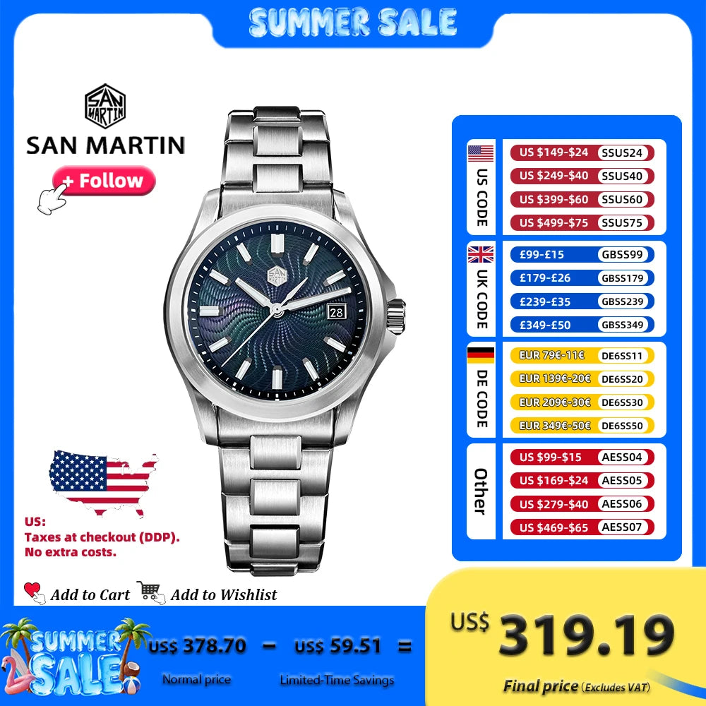 San Martin 39mm Watch Luxury Dress Miyota 9015 Automatic Mechanical Watches SN0150 for Men With Mop Guilloche 100m Waterproof