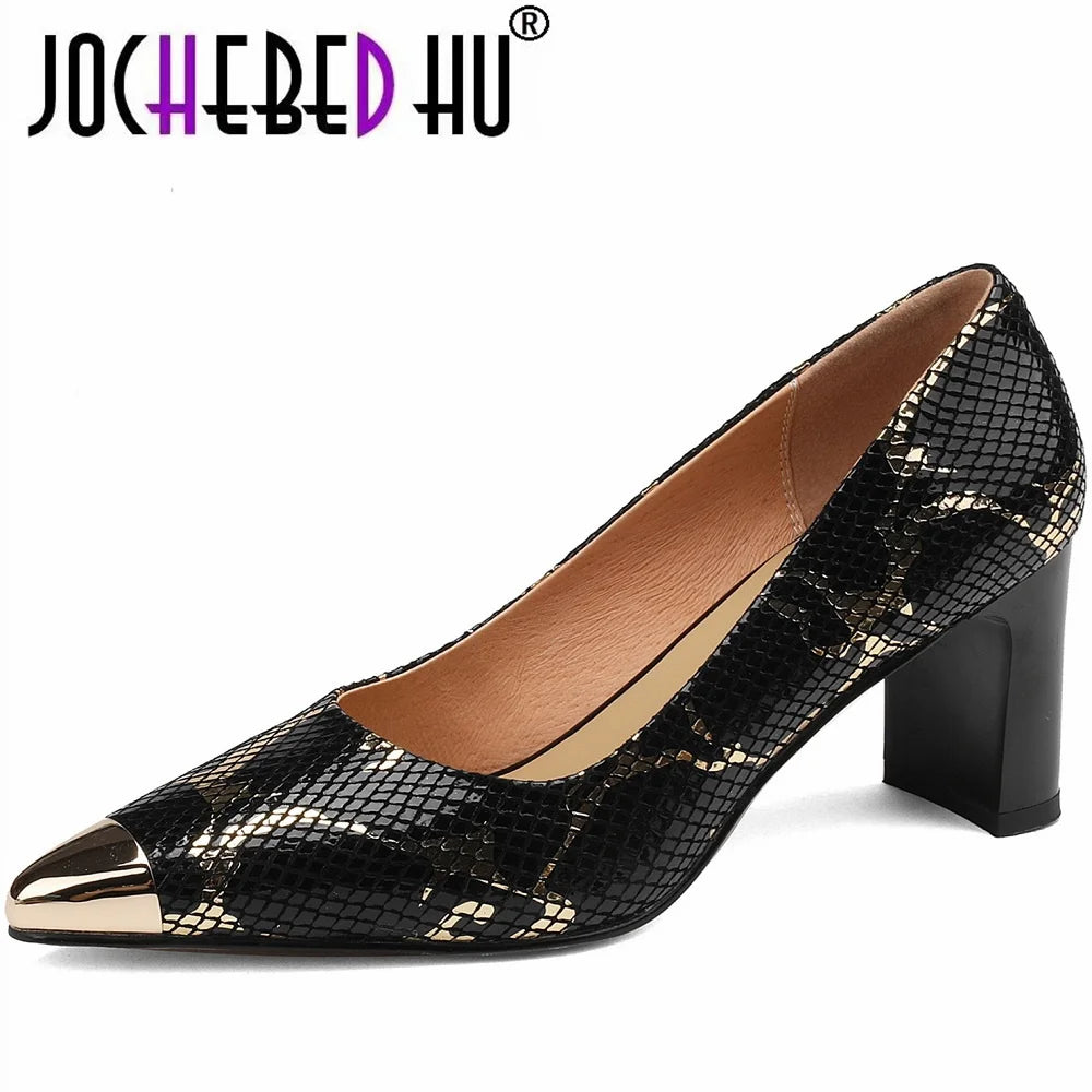 【JOCHEBED HU】Luxury Brand Shoe Genuine Leather for Women  High Heel Ladies Casual Spring Autumn Party Chunky Shoes Ladies34-42