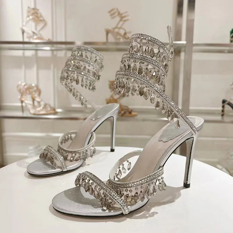 Sexy High Heels Gladiator Sandals Women Crystal String Bead Snake Twine Around Ankle Strap Wedding Shoes Summer Sandals Woman