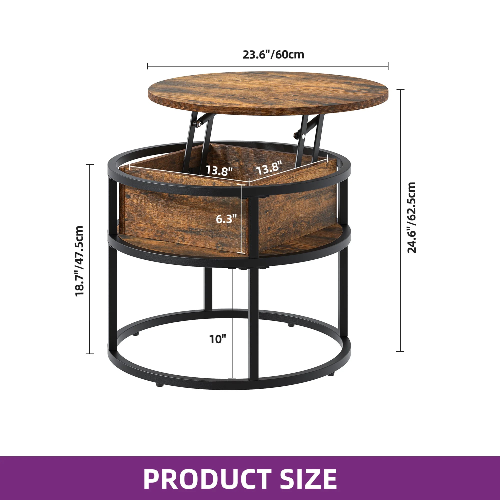 YITAHOME Coffee Table With Lift Top, Lift Up Coffee Table Round With Hidden Storage Compartment, 60x60x47cm