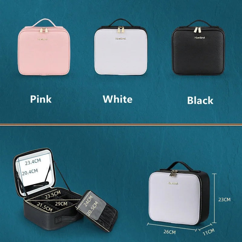 New LED Lighted Cosmetic Case with Mirror PU Leather Portable Travel Makeup Storage Bags
