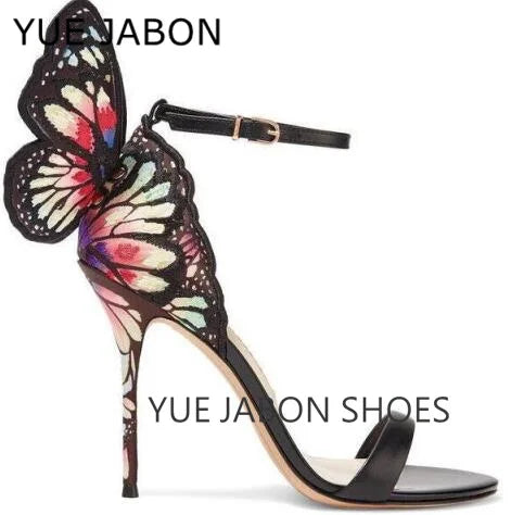 Black butterfly sandals leather metallic embroidered angel wings dress woman high heels open toe buckle strap lady thin pumps