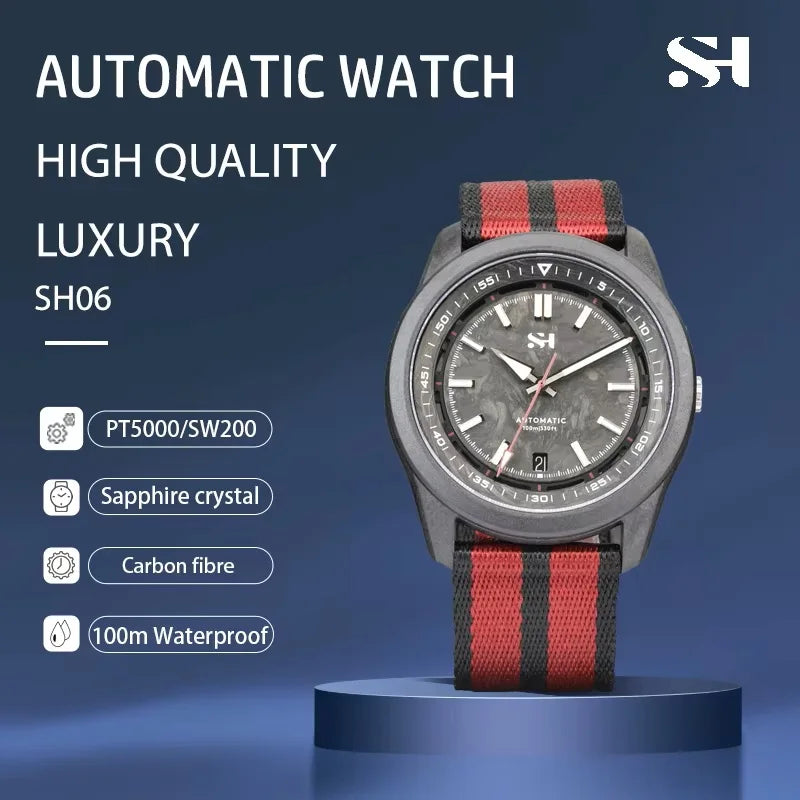 2024 New Carbon fibre SW200 Automatic Watch Luxury 41mm 100m Waterproof Diver Watches PT5000 Diver Men Watch