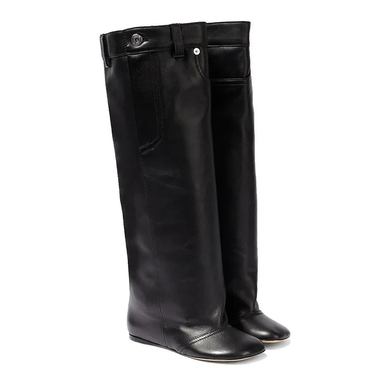 Black Belt Design Pleated Lazy Knee High Boots 2023 New Women's European and American Style High Heels Fashion Boots Size 34-43