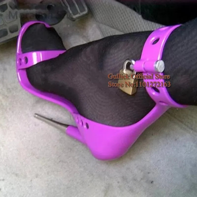 Padlock Metal Stiletto High Heels Sandals Purple Black Red Leather Big Ankle Strap Studded Celebrating Shoes