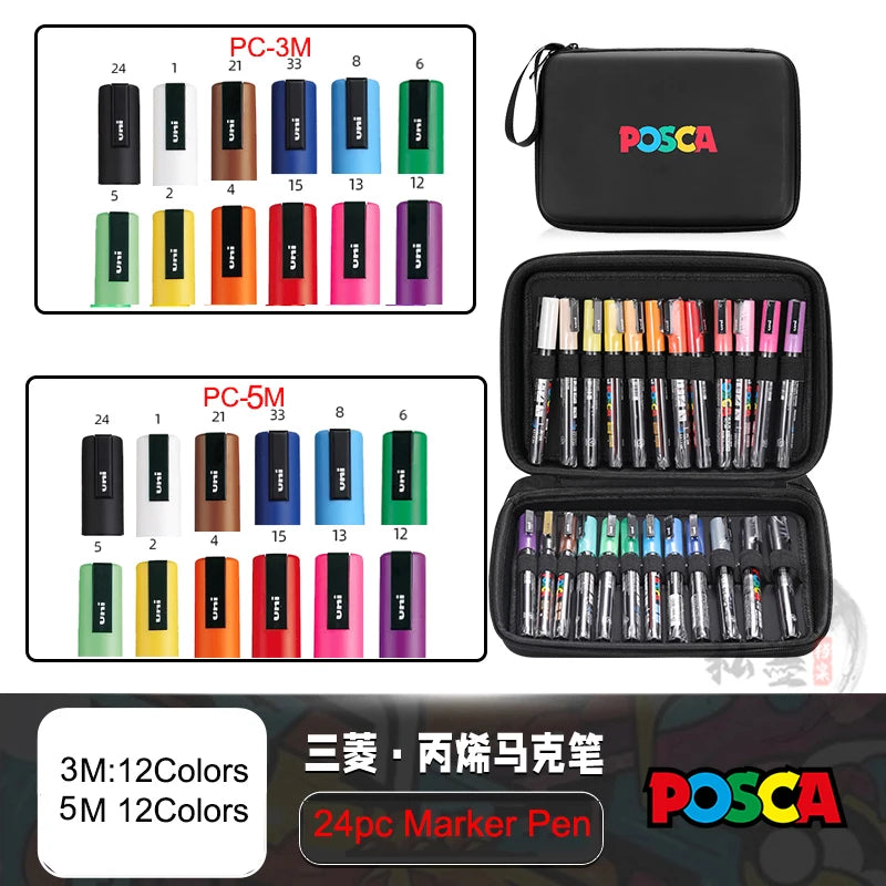 POSCA Acrylic Markers Organized in Bags, 0.7-2.5mm School Coloring Pens, Handy Original Japanese Professional Art Paint Supplies