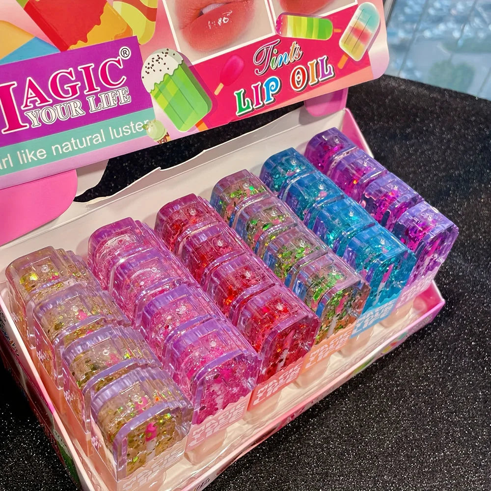 24pcs Cute Ice Cream Sequin Lip Gloss Colorchanged Lip Gloss Girls Kawaii Natural Moisturizing Lips Makeup Party Gifts