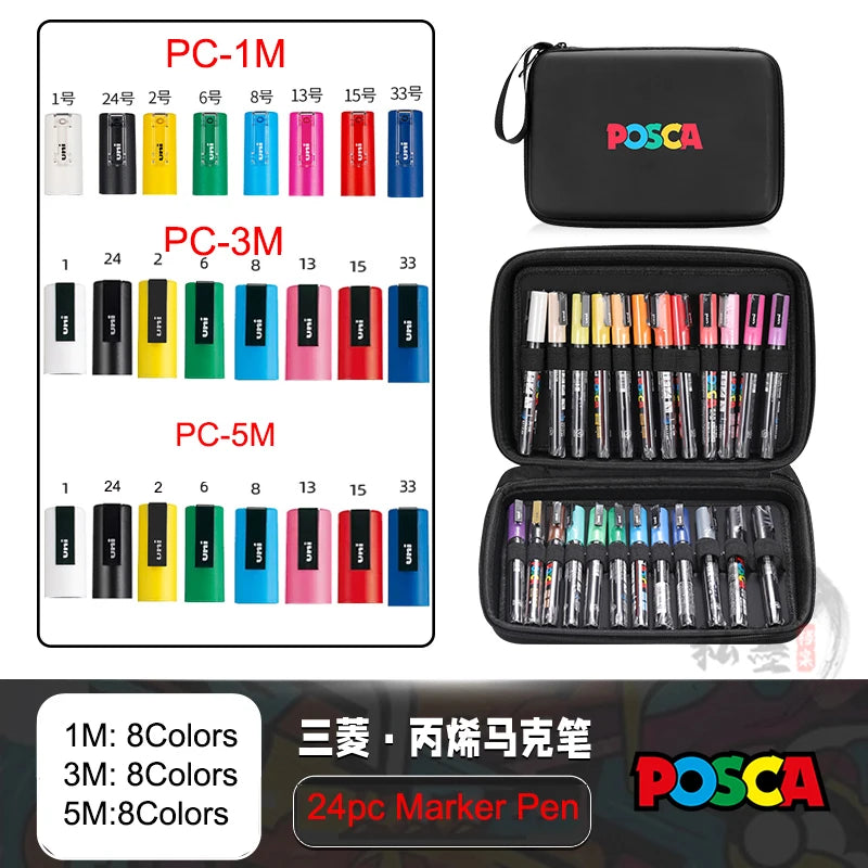 POSCA Acrylic Markers Organized in Bags, 0.7-2.5mm School Coloring Pens, Handy Original Japanese Professional Art Paint Supplies
