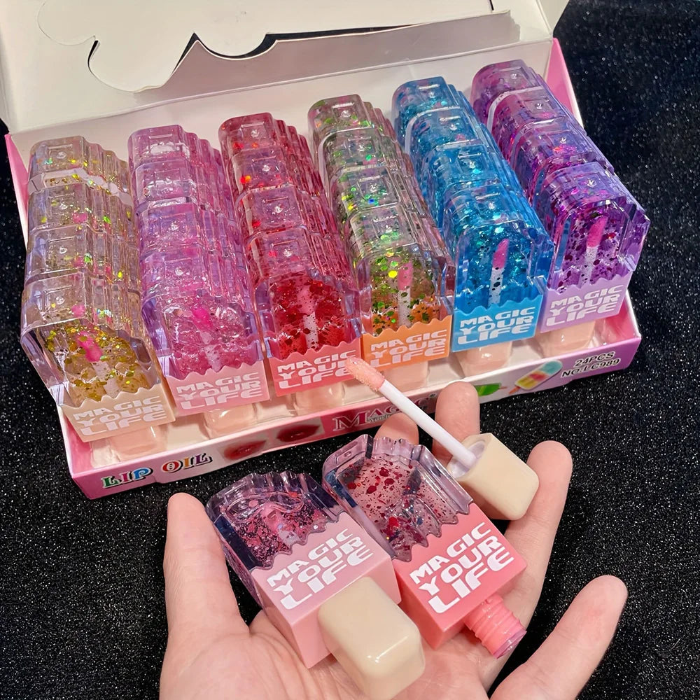 24pcs Cute Ice Cream Sequin Lip Gloss Colorchanged Lip Gloss Girls Kawaii Natural Moisturizing Lips Makeup Party Gifts
