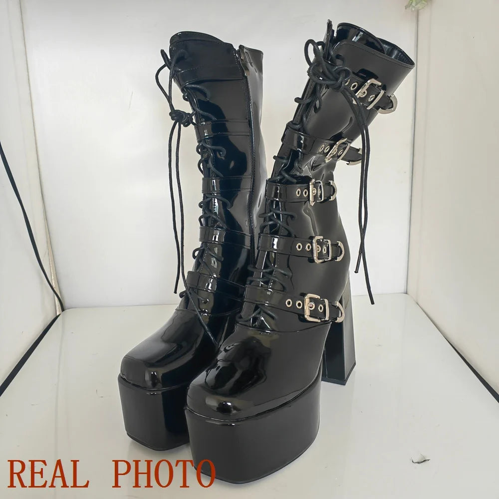 SIMLOVEYO Women Boots Toe Chunky High Heels 14cm Platform Hill 7.5cm Lace Up Belt Buckles Big Size 46 47 48