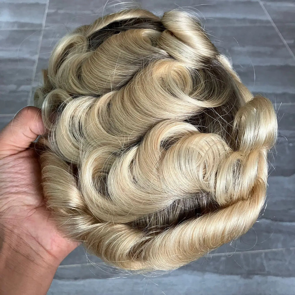 Brown Roots #613 Ombre Platinum Blonde Male Wig Europe Human Hair Toupee for Men Full PU 0.06mm Thin Skin VLoop Prosthesi System