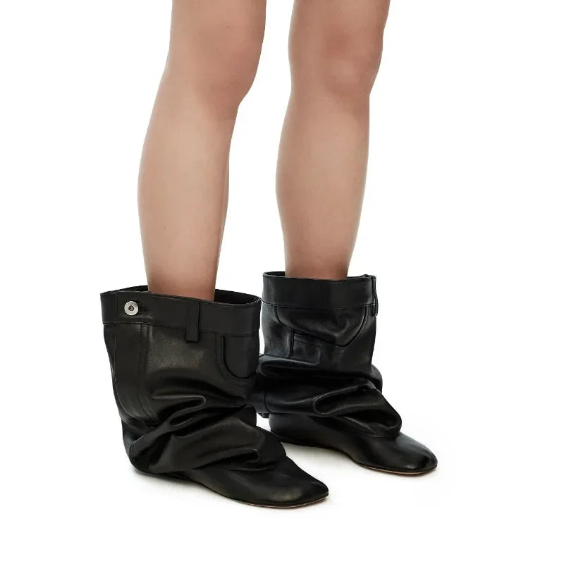 Black Belt Design Pleated Lazy Knee High Boots 2023 New Women's European and American Style High Heels Fashion Boots Size 34-43