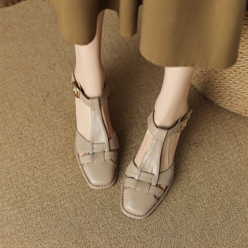 2025 New Fashion Classics Genuine Leather Sandals Woman Thick High Heels Sandals Office Ladies Dress Summer Shoes Heels Women