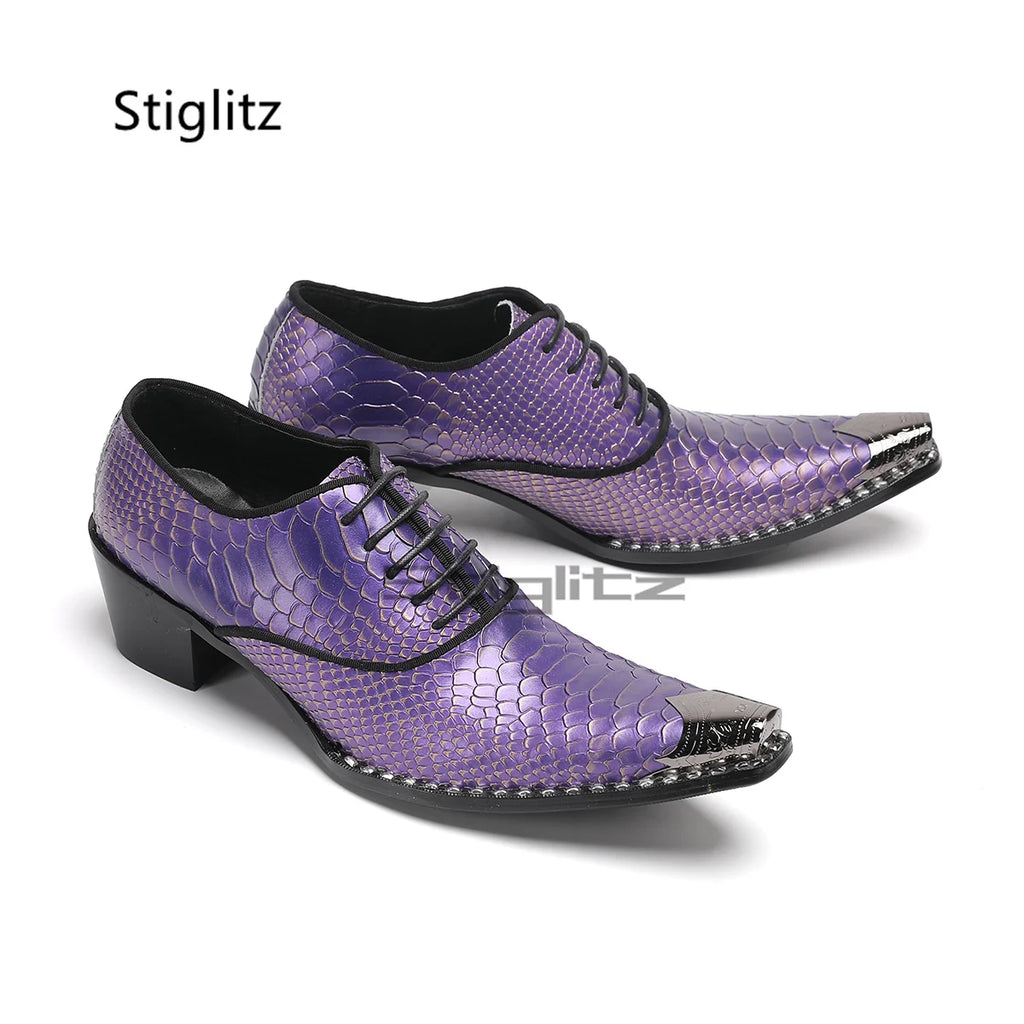 Purple Snake Grain Genuine Leather Shoes for Men Iron Pointed Toe Business Dress Shoes High Heels Luxury Lace Up Party Shoes