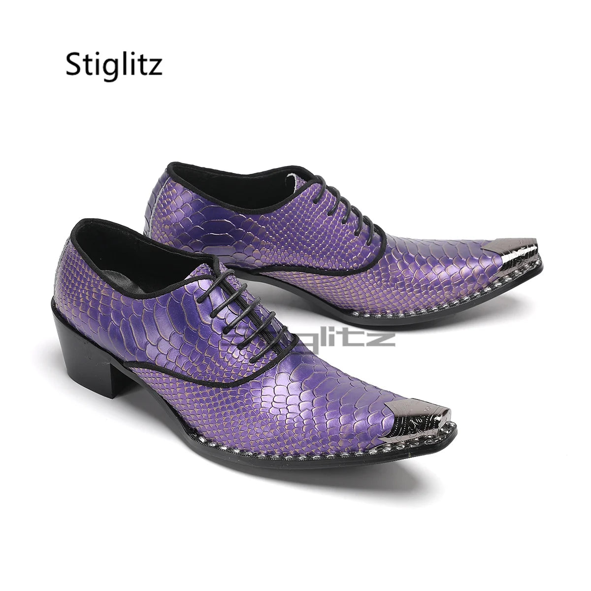 Purple Snake Grain Genuine Leather Shoes for Men Iron Pointed Toe Business Dress Shoes High Heels Luxury Lace Up Party Shoes