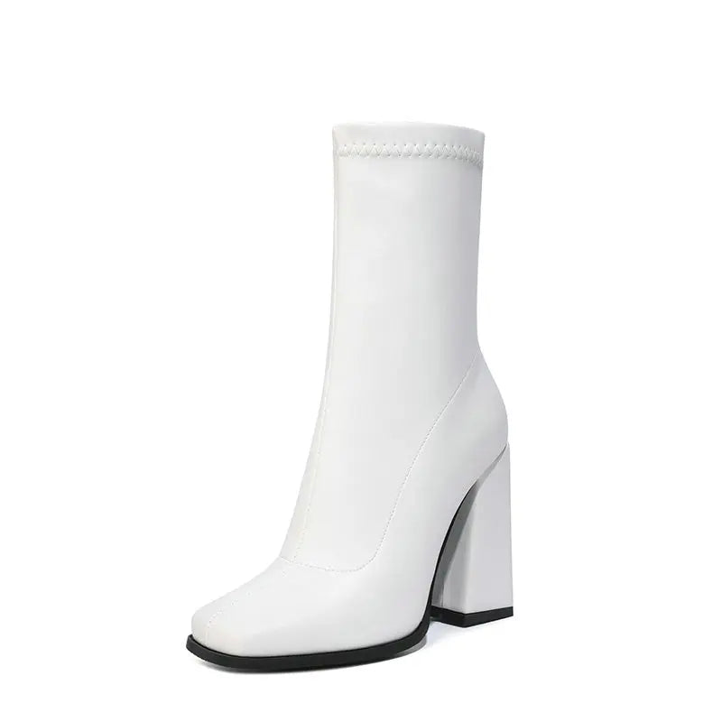 Plus Size 44 11 Solid White Black Zip Up Square Slash Toe Womens Winter Shoes Block Straight High Heels Mid-calf Stretch Boots